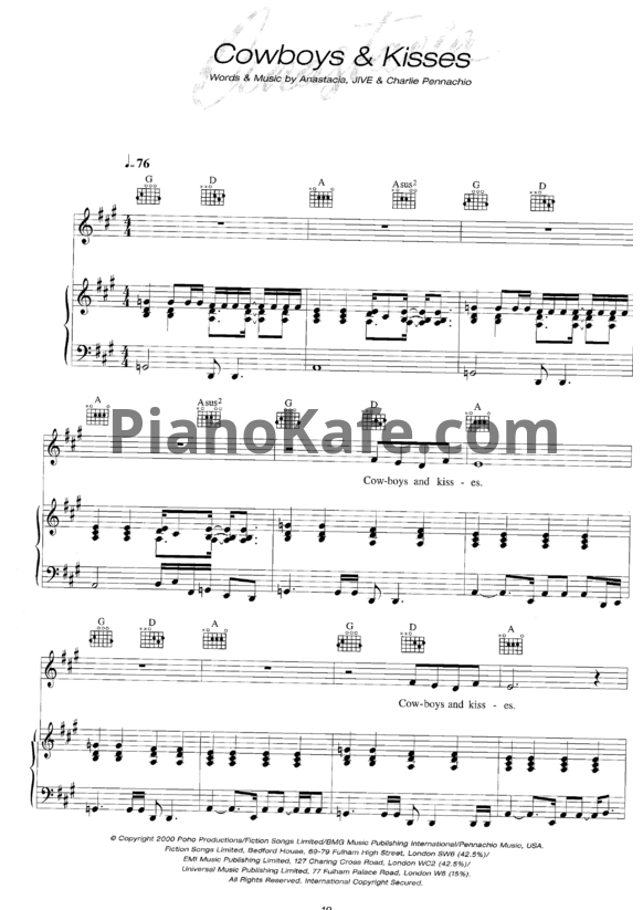 Ноты Anastacia - Cowboys Kisses - PianoKafe.com