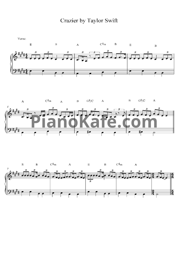 Ноты Taylor Swift - Crazier - PianoKafe.com