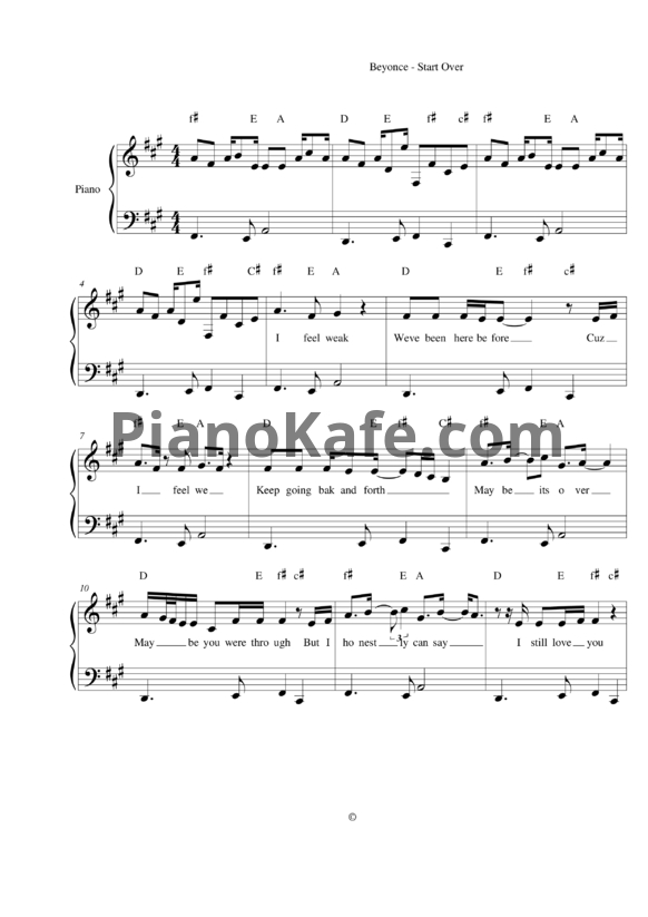 Ноты Beyonce - Start over - PianoKafe.com