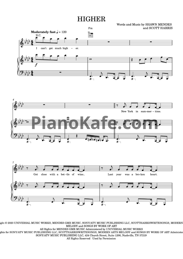 Ноты Shawn Mendes - Higher - PianoKafe.com