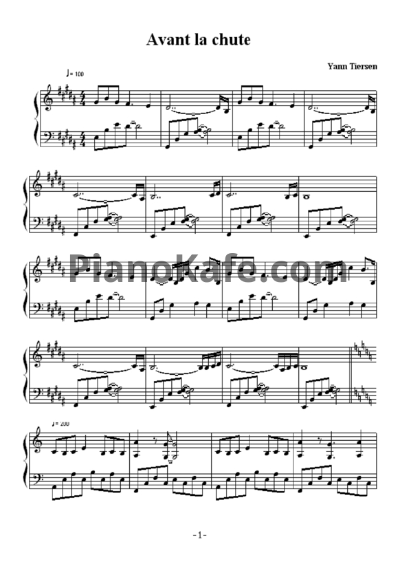 Ноты Yann Tiersen - Avant la chute - PianoKafe.com