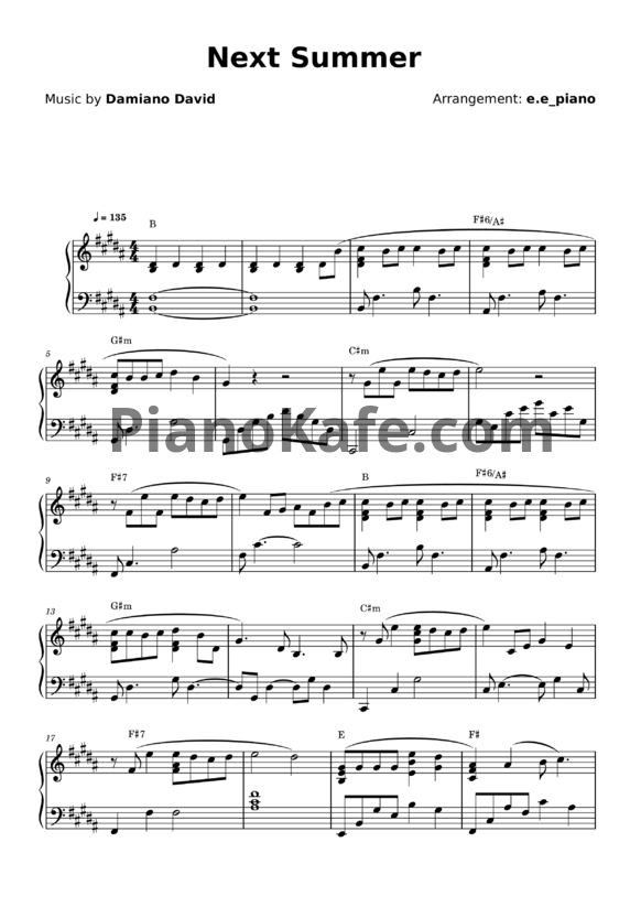 Ноты Damiano David - Next summer - PianoKafe.com