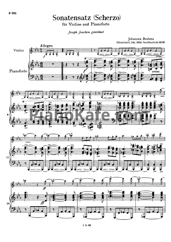 Ноты И. Брамс - Скерцо до минор для скрипки и фортепиано из коллективной сонаты Р.Шумана, А.Дитриха, И.Брамса (WoO 2) - PianoKafe.com