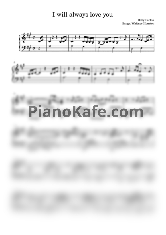 Ноты Whitney Houston - I will always love you (Piano cover) - PianoKafe.com