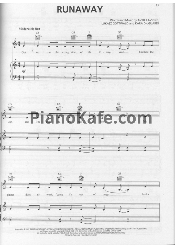 Ноты Avril Lavigne - Runaway - PianoKafe.com