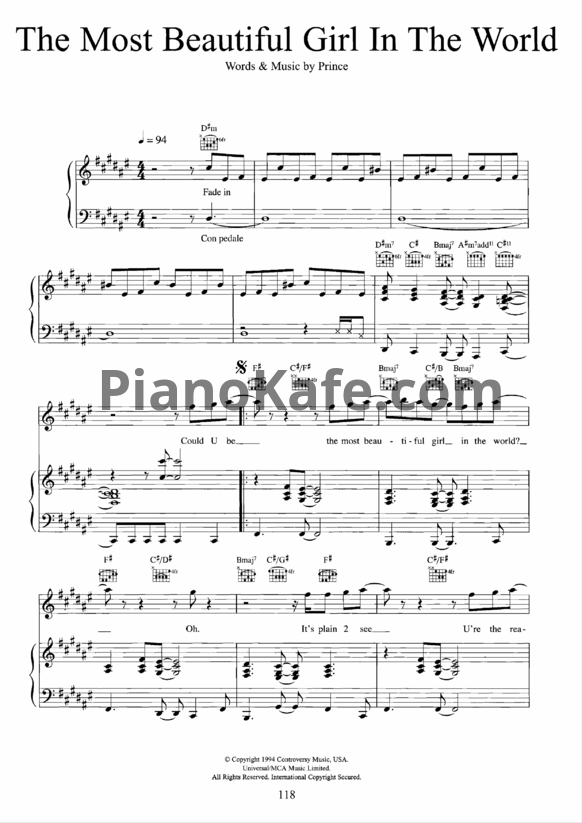 Ноты Prince - The most beautiful girl in the world - PianoKafe.com