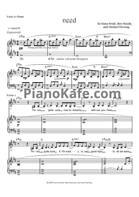 Ноты Hana Pestle - Need - PianoKafe.com