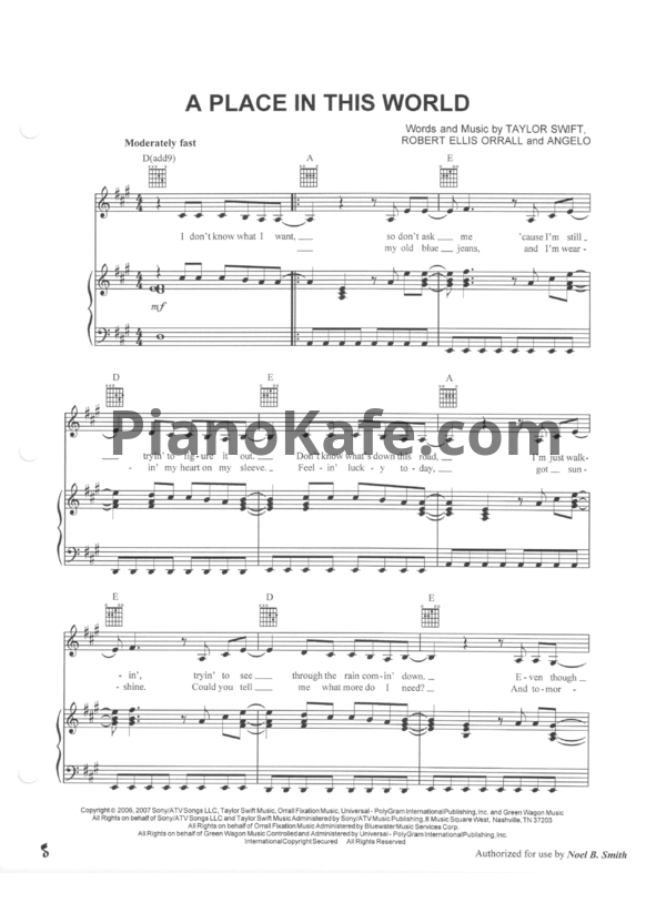 Ноты Taylor Swift - A place in this world - PianoKafe.com