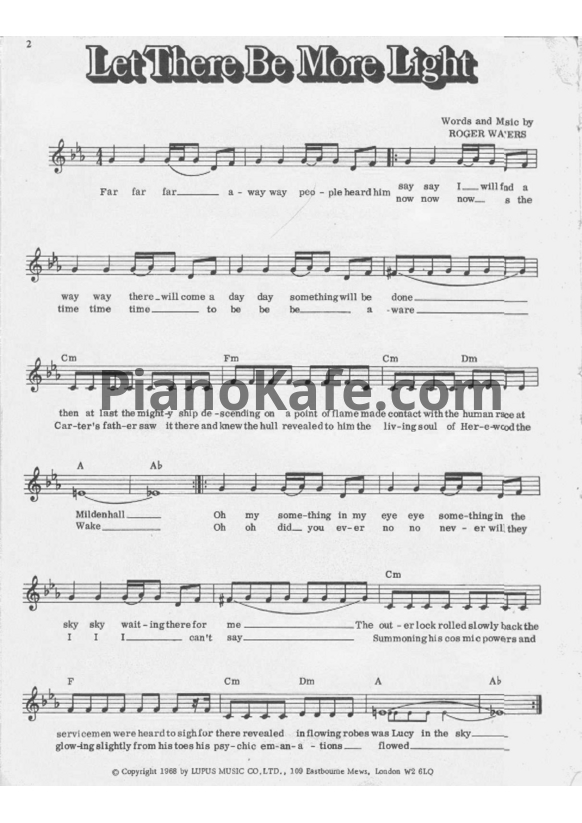 Ноты Pink Floyd - Let there be more light (Вокальная партия) - PianoKafe.com