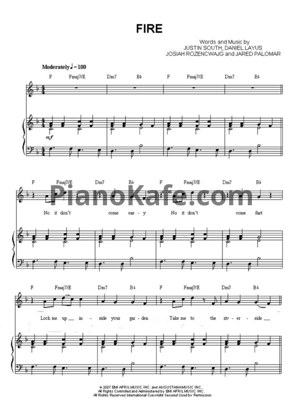Ноты Augustana - Fire - PianoKafe.com