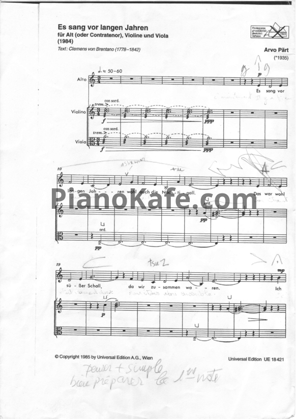 Ноты Арво Пярт - Es sang vor langer Jahren - PianoKafe.com