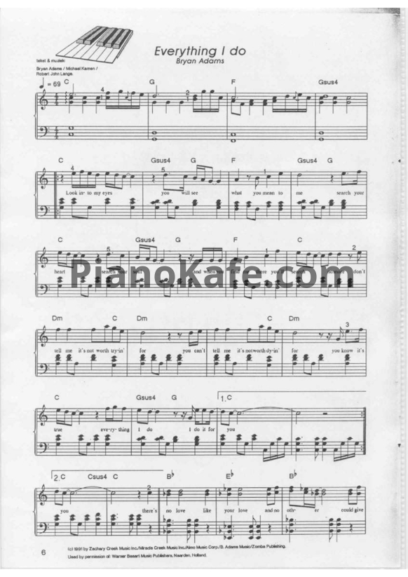 Ноты Bryan Adams - Everything I do - PianoKafe.com