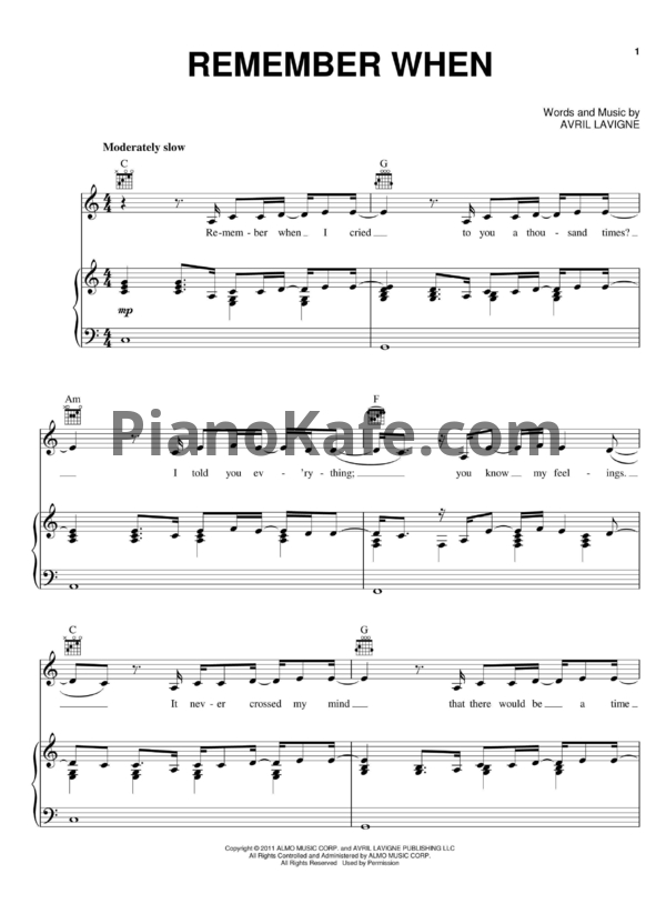Ноты Avril Lavigne - Remember when (Версия 2) - PianoKafe.com