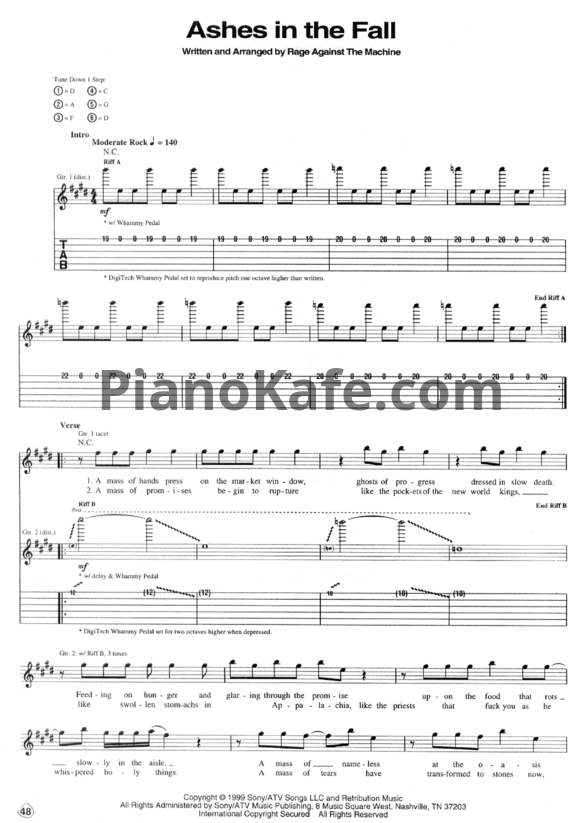 Ноты Rage Against the Machine - Ashes in the fall - PianoKafe.com
