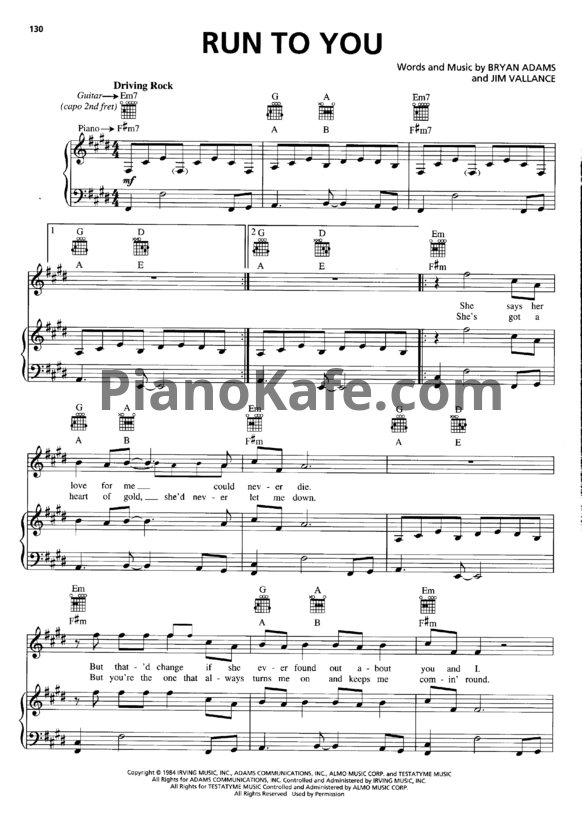 Ноты Bryan Adams - Run to you - PianoKafe.com