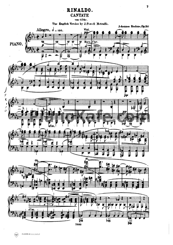 Ноты И. Брамс - `Ринальдо` (`Rinaldo`), кантата для тенора, мужского хора и оркестра (Op. 50) - PianoKafe.com