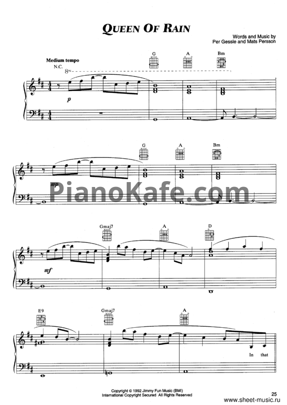 Ноты Roxette - Queen of rain - PianoKafe.com