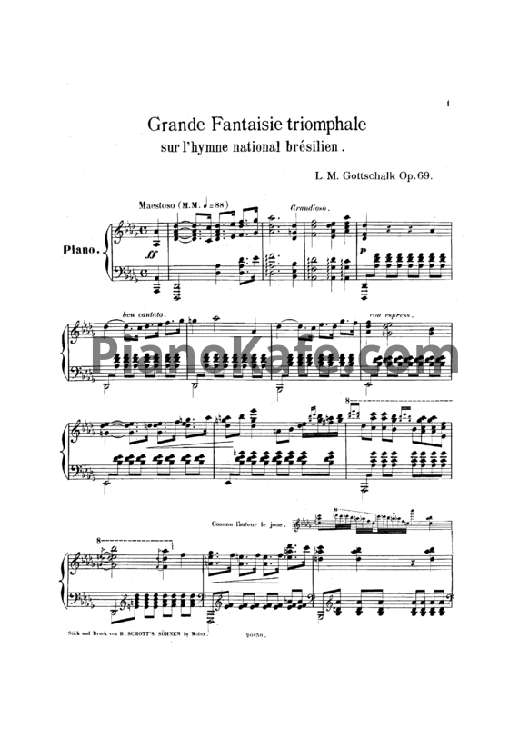 Ноты Луи Моро Готшалк - Grande fantaisie triomphale sur l'hymne national bresilien (Op. 69) - PianoKafe.com