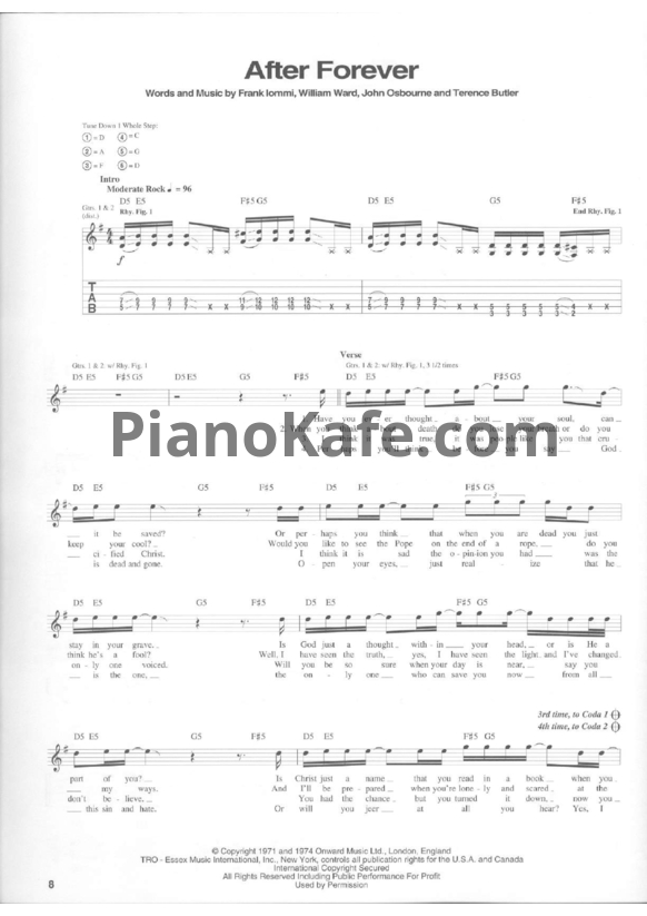 Ноты Black Sabbath - After forever (Guitar tabs & Voice) - PianoKafe.com