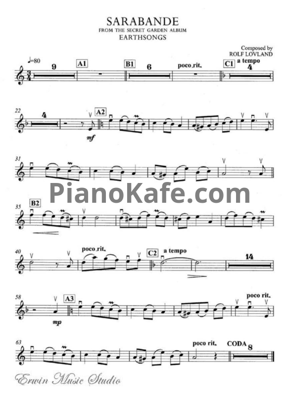 Ноты Secret Garden - Sarabande (для скрипки) - PianoKafe.com