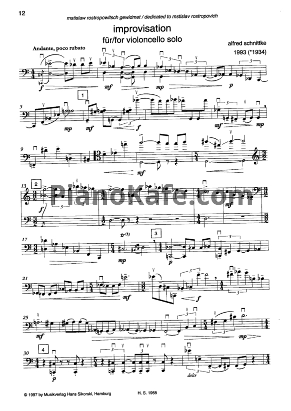 Ноты Альфред Шнитке - Импровизация для виолончели соло (Op. 237) - PianoKafe.com