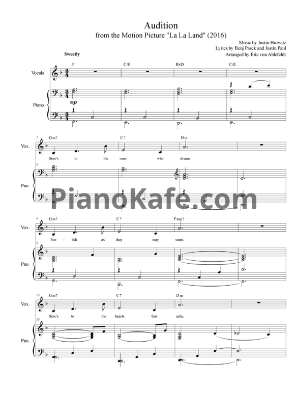 Ноты Justin Hurwitz - Audition - PianoKafe.com