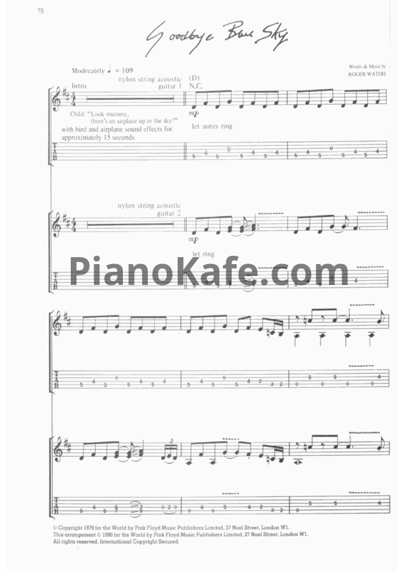 Ноты Pink Floyd - Goodbye blue sky (Guitar tabs) - PianoKafe.com