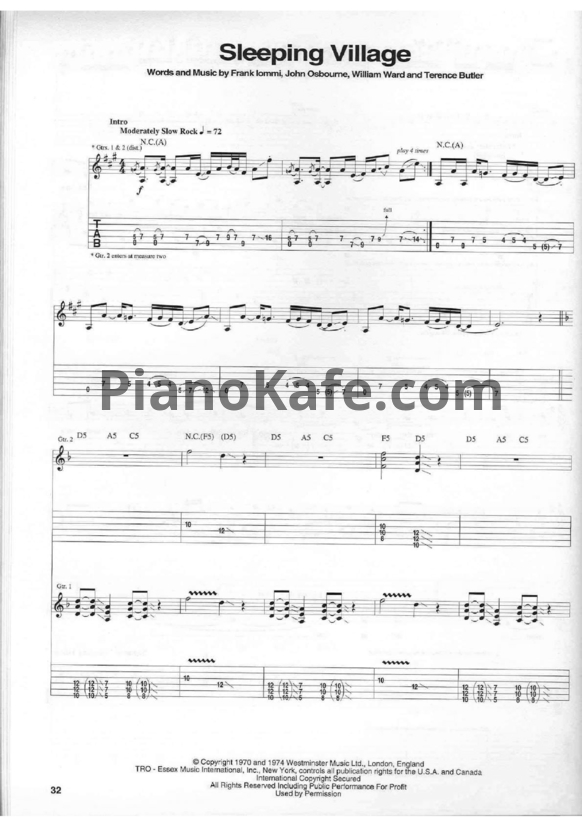Ноты Black Sabbath - Sleeping village (Guitar tabs) - PianoKafe.com