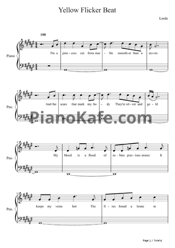 Ноты Lorde - Yellow flicker beat - PianoKafe.com