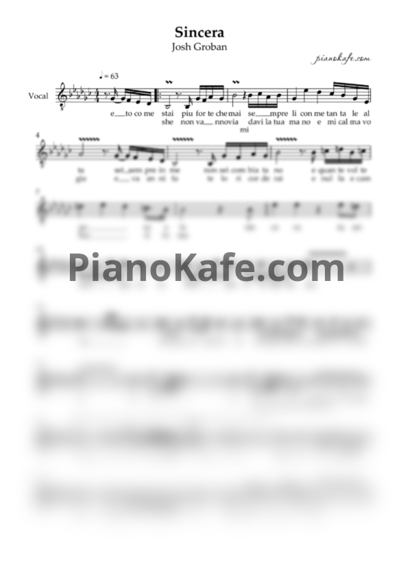 Ноты Josh Groban - Sincera (Вокальная партия) - PianoKafe.com