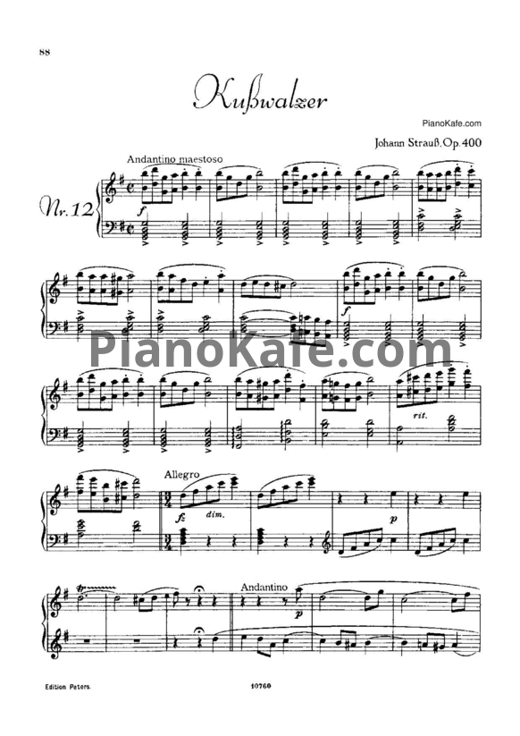Ноты Иоганн Штраус (сын) - Вальс "Kuss-Walzer" (Поцелуй) (Op. 400) - PianoKafe.com