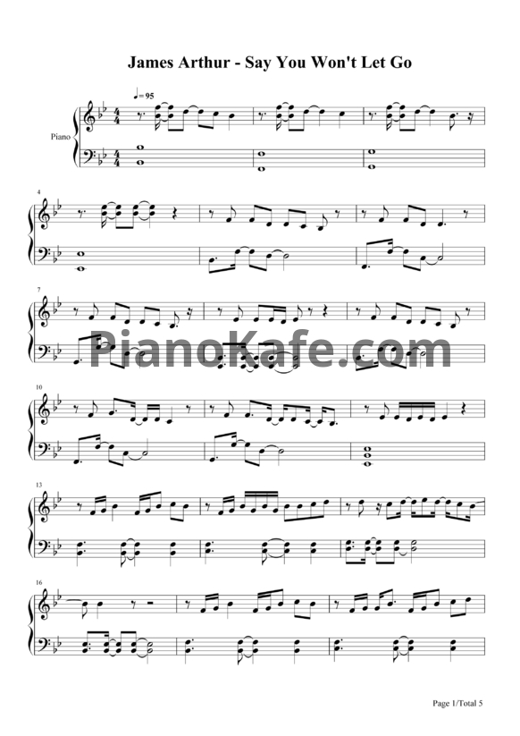 Ноты James Arthur - Say you won't let go - PianoKafe.com