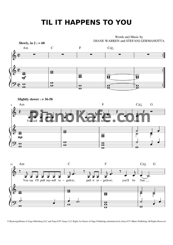 Ноты Lady Gaga - Til it happens to you - PianoKafe.com