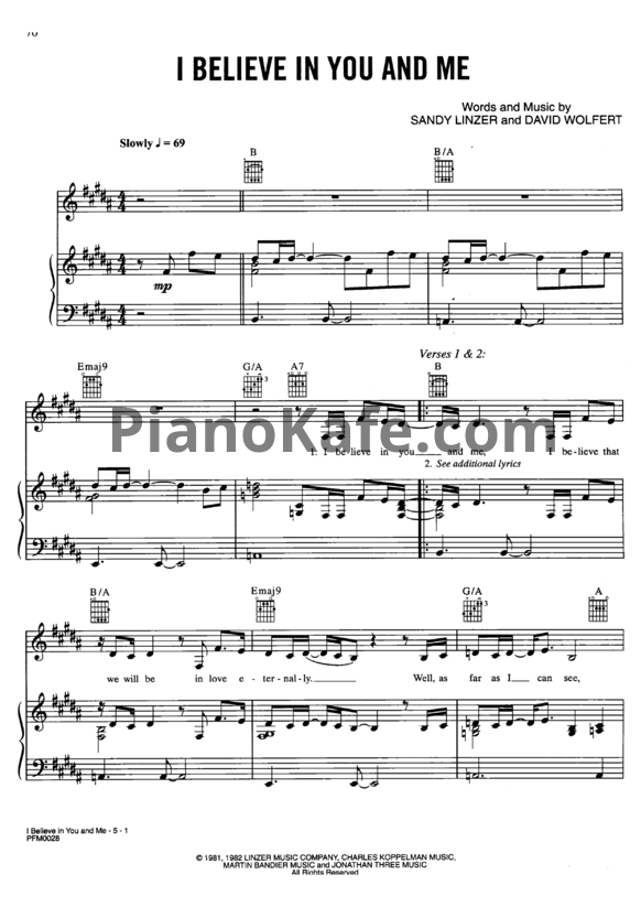Ноты Whitney Houston - I believe in you and me - PianoKafe.com
