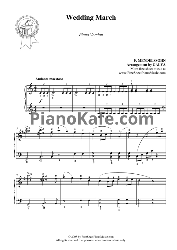 Ноты Феликс Мендельсон - Свадебный Марш (Версия 2) - PianoKafe.com