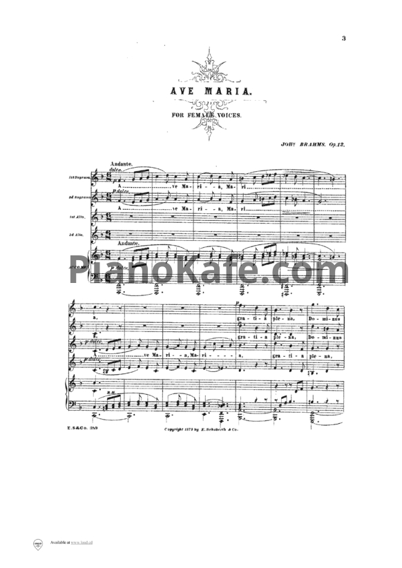 Ноты И. Брамс - "Ave Maria" для женского хора и оркестра (или органа) (Op. 12) - PianoKafe.com