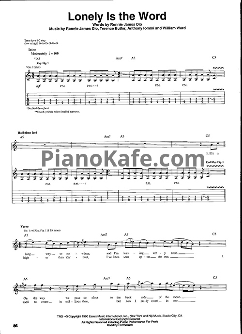 Ноты Black Sabbath - Lonely is the word (Guitar tabs & Voice) - PianoKafe.com