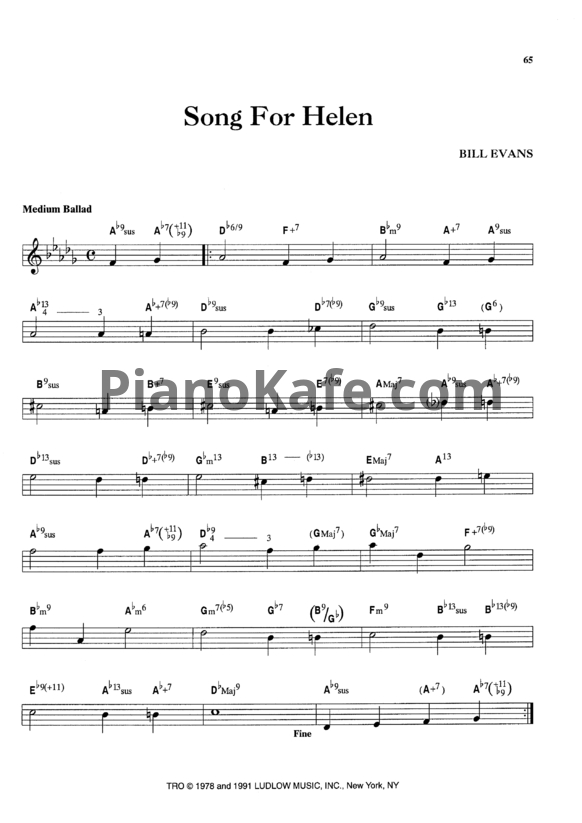 Ноты Bill Evans - Song for Helen - PianoKafe.com