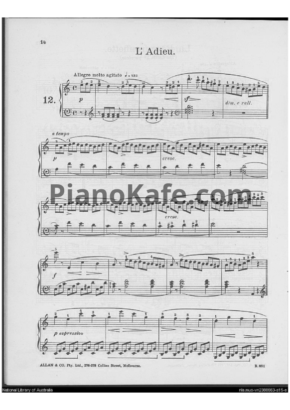 Ноты Фридрих Бургмюллер - Этюд L'Adieu (Op. 100, №12) - PianoKafe.com