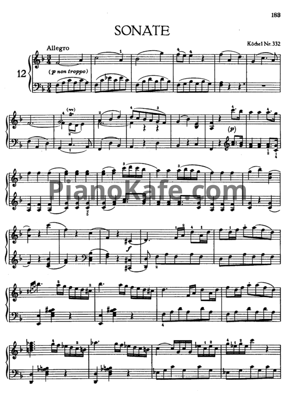Ноты В. Моцарт - Соната №12 фа мажор (К. 332) - PianoKafe.com