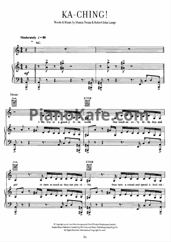 Ноты Shania Twain - Ka-Ching! - PianoKafe.com
