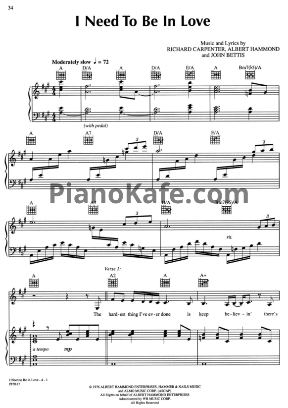 Ноты The Carpenters - I need to be in love - PianoKafe.com