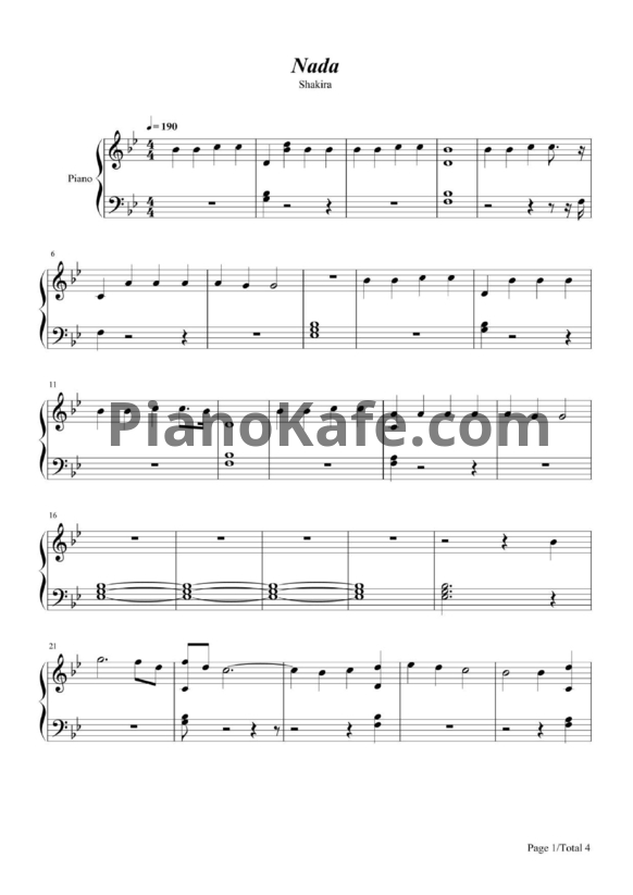 Ноты Shakira - Nada - PianoKafe.com
