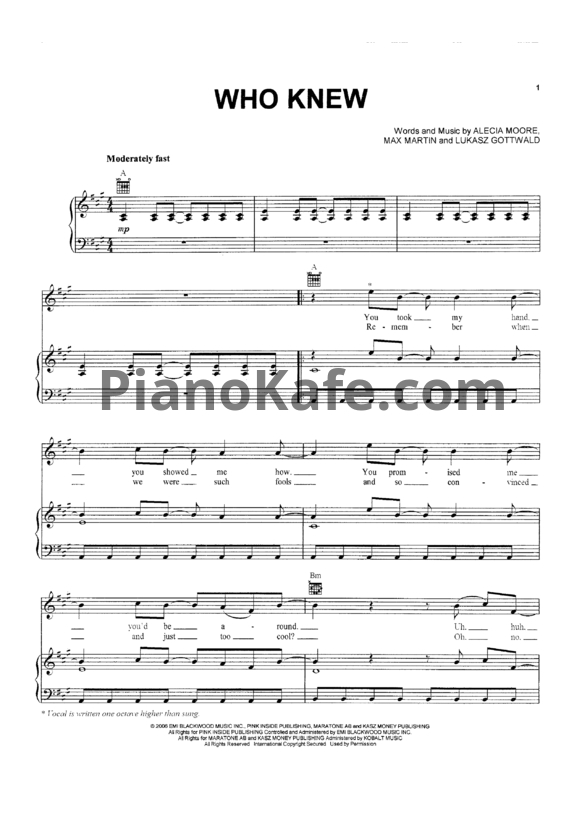 Ноты Pink - Who knew - PianoKafe.com