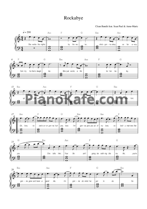 Ноты Clean Bandit feat. Sean Paul & Anne-Marie - Rockabye (Версия 2) - PianoKafe.com