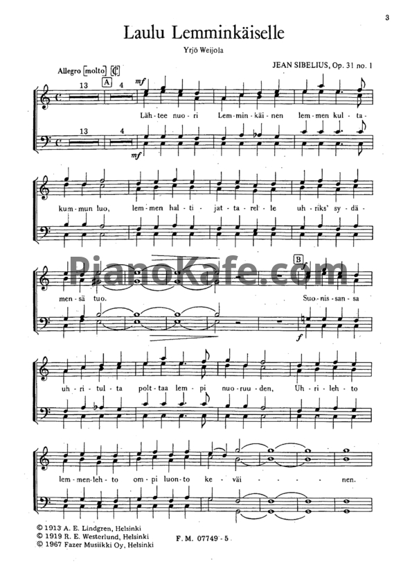 Ноты Ян Сибелиус - 3 песни для мужского хора a cappella (Op. 31) - PianoKafe.com