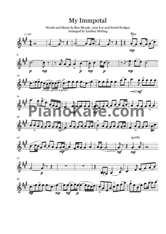 Ноты Lindsey Stirling - My immortal - PianoKafe.com