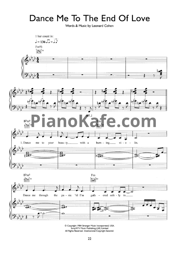 Ноты Leonard Cohen - Dance me to the end of love - PianoKafe.com