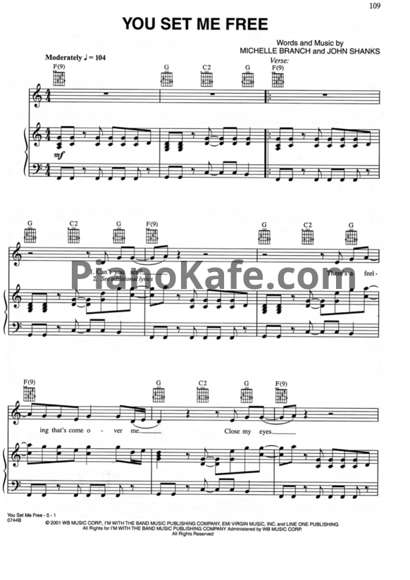 Ноты Michelle Branch - You set me free - PianoKafe.com
