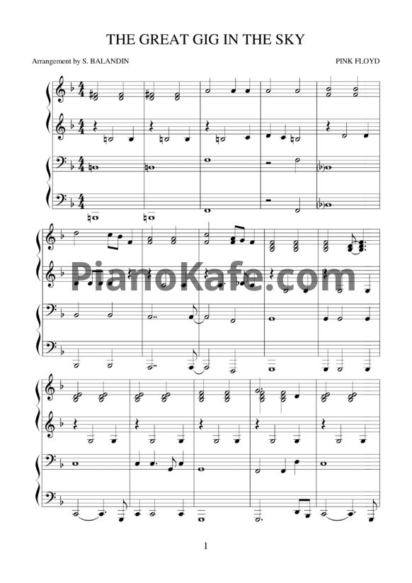 Ноты Pink Floyd - The great gig in the sky - PianoKafe.com